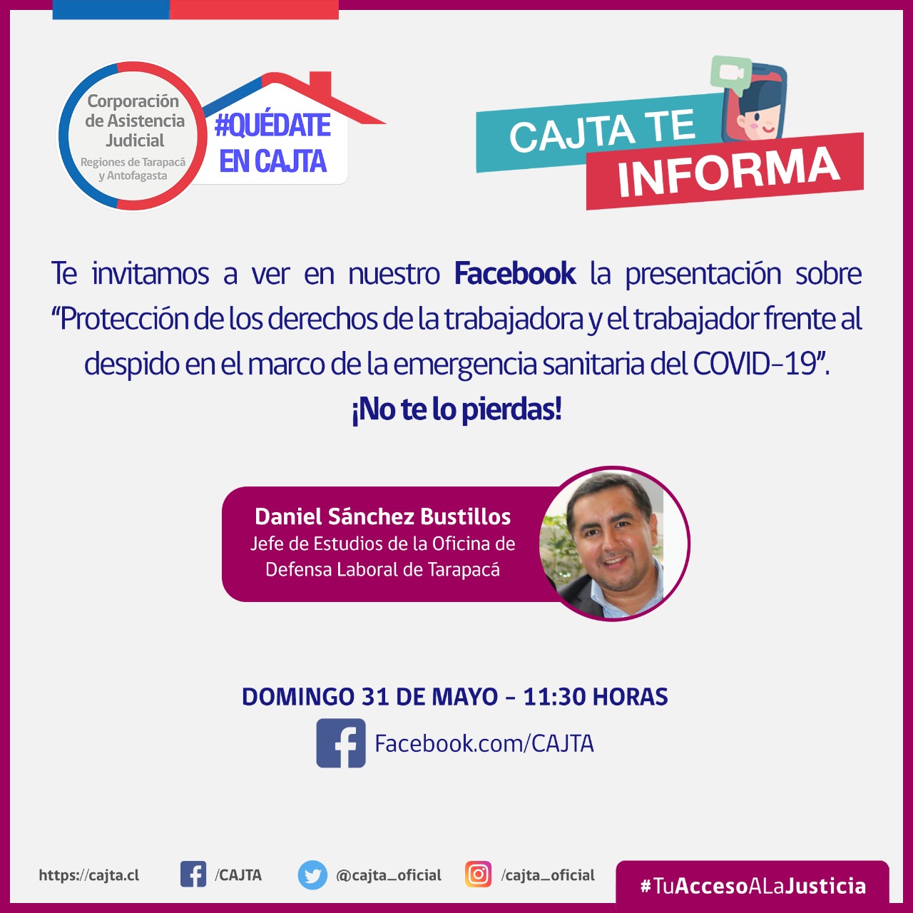 Domingo 31 de mayo a las 11:30 horas abogado Daniel Sánchez, nos hablará sobre el despido vía Facebook