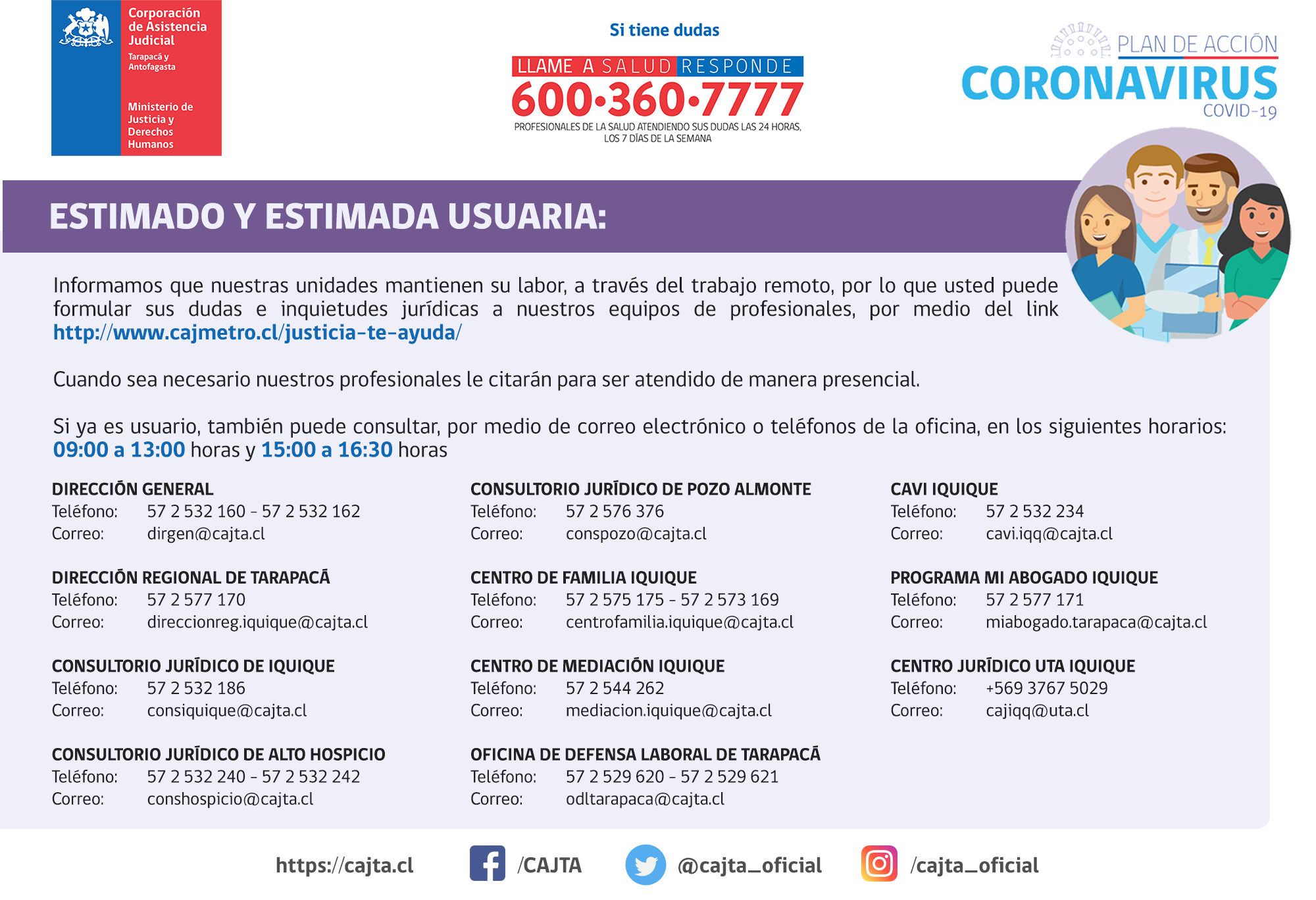 ¡ATENCIÓN! Modalidad de trabajo, teléfonos y correos electrónicos