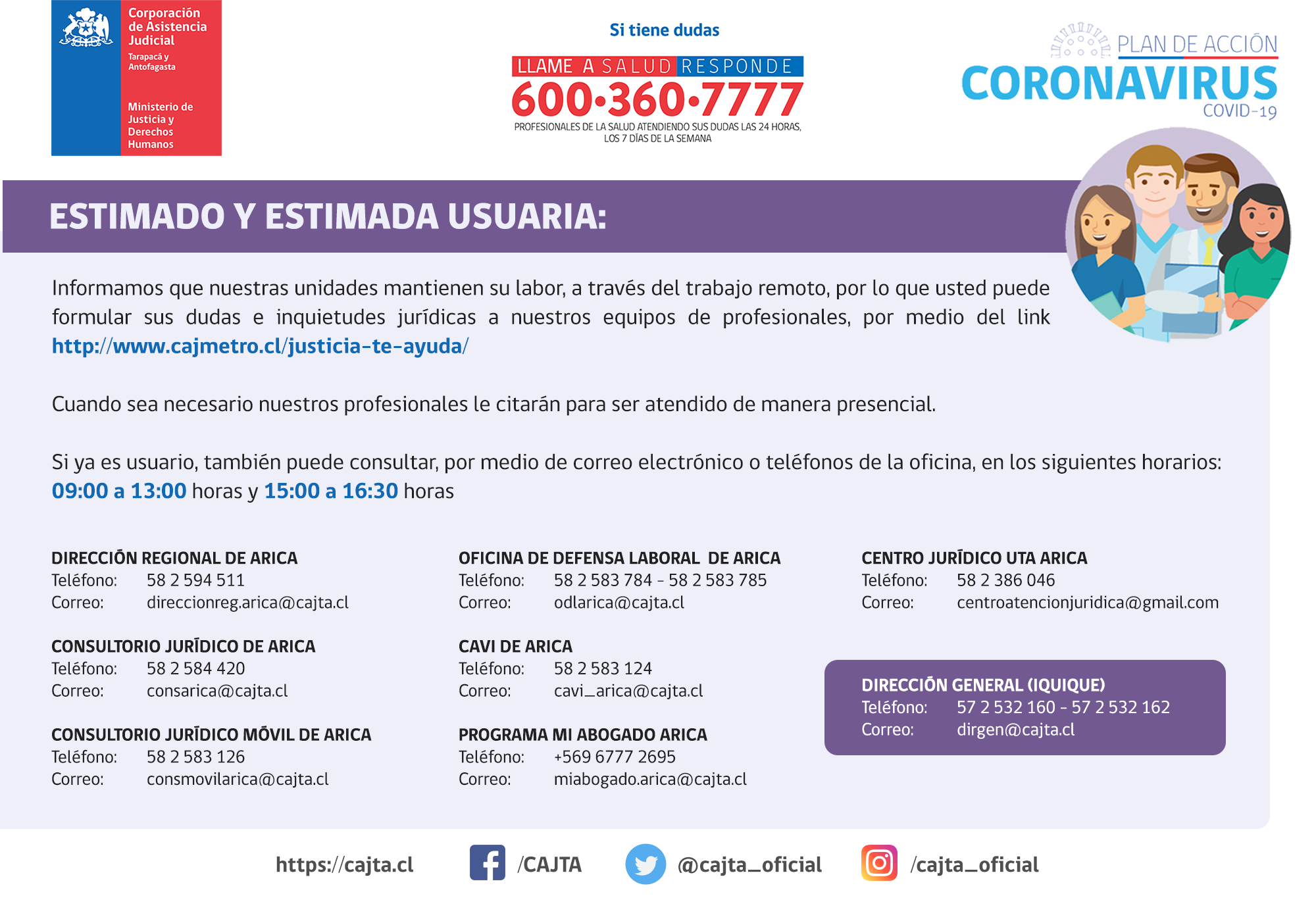 INFORMAMOS: modalidad de trabajo, teléfonos y correos electrónicos