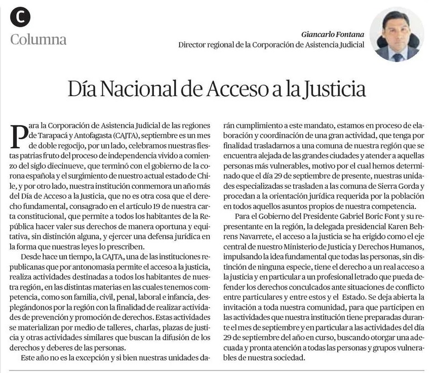 Columna en El Mercurio de Calama del Director Regional de CAJTA de Antofagasta